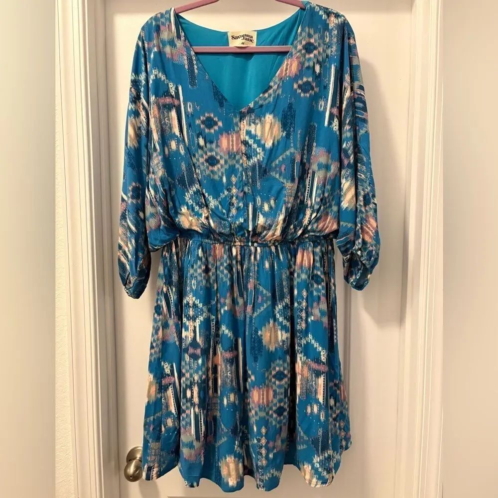 Savanna Jane Teal and Peach Ikat Pattern Mini Dress Size 2X
